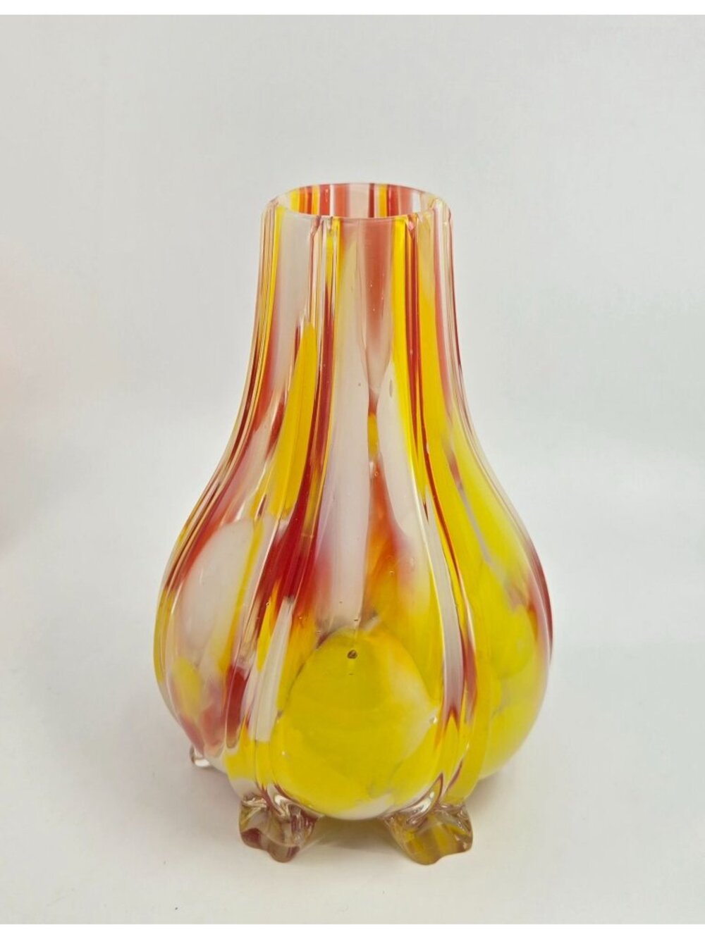 Handblown Welz Czech Glass Vase Yellow & Red Striated Design 6 In.